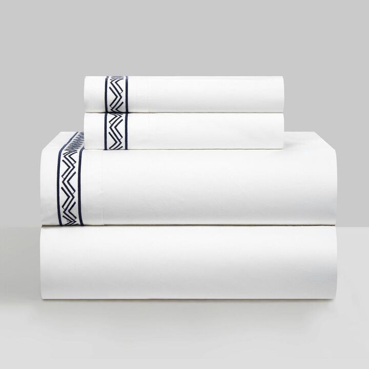 Chic Home Ella Cotton Duvet Cover Set Solid White Dual Stripe Embroidered Border Zig-Zag Details Hotel Collection Bedding - Includes Sheets Pillowcases Pillow Shams - 7 Piece - King 106x96, Navy