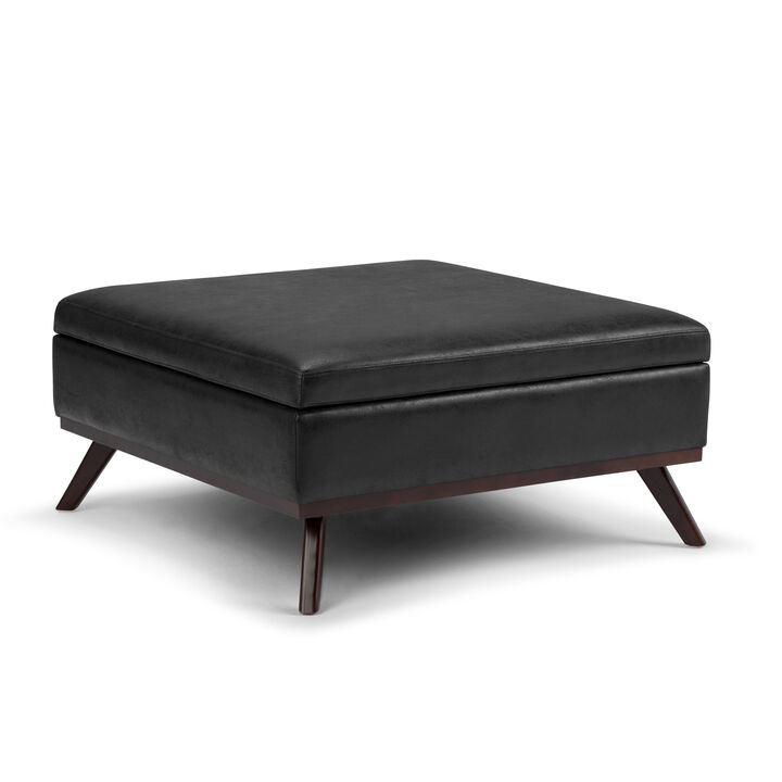 Owen 36 inch Wide Mid Century Modern Square Coffee Table Storage Ottoman in Distressed Black Vegan Faux Leather, Assembled
