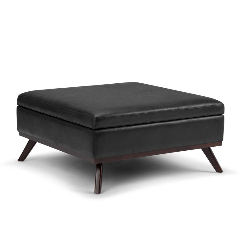 Owen 36 inch Wide Mid Century Modern Square Coffee Table Storage Ottoman in Distressed Black Vegan Faux Leather, Assembled image number 0