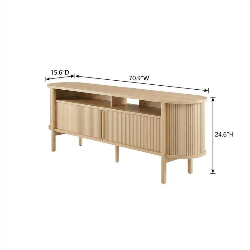 Curved TV Stand in Brown, Rubberwood Solids, Walnut Veneers, Stylish Storage image number 2