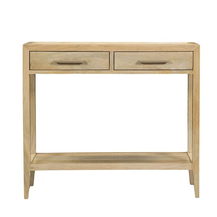 Unya 36 Inch Sofa Console Table with Shelf, 2 Drawers, Natural Brown Mango Wood, Organic Decor
