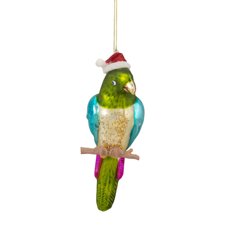 6.25" Green and Blue Parrot in a Santa Hat Glass Christmas Ornament
