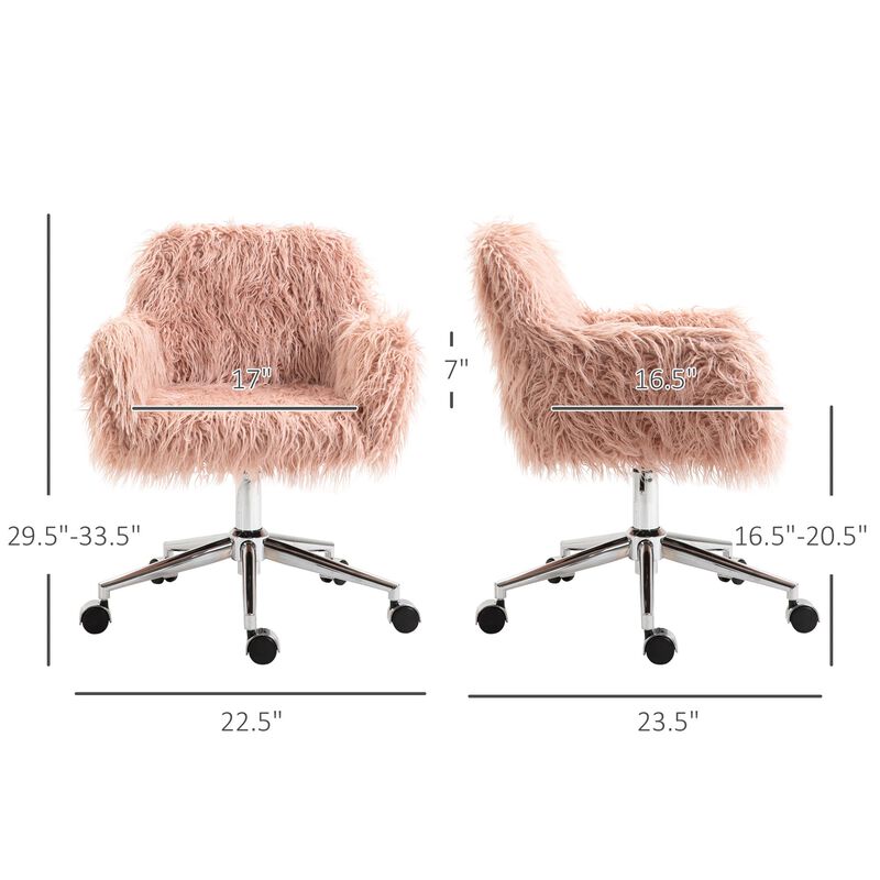Vinsetto Vanity Chair, Faux Fur Desk Chair with Adjustable Height and Wheels for Makeup Room, Swivel Chair, Pink