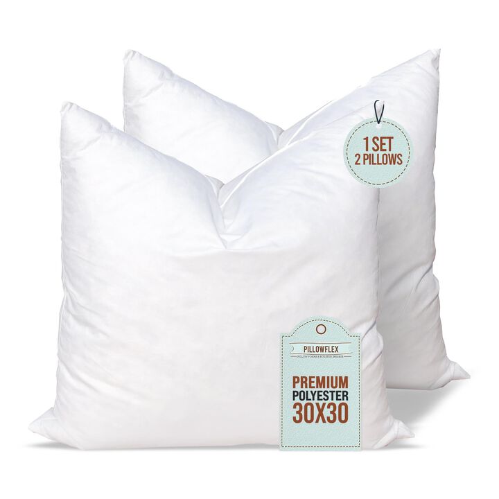 Pillowflex Set of 2 (30x30) Premium Polyester Pillow Inserts - European Square Pillow Forms, Machine Washable, Sham Pillow Inser