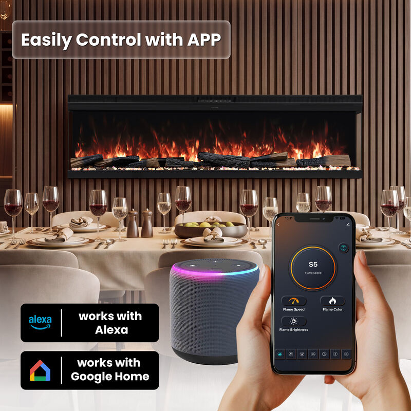 Mondawe 72" 3-Sided Recessed Electric Fireplace, 14-Color Flames, WiFi & Alexa, 3 Heat Settings, Adjustable Thermostat, 1500W image number 3