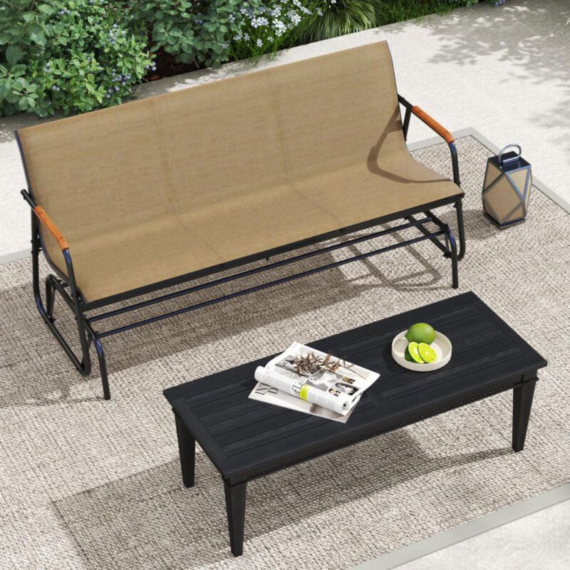 Hivvago Patio Glider Bench with Curved Teak Armrests and Breathable Fabric Seat for 3 People