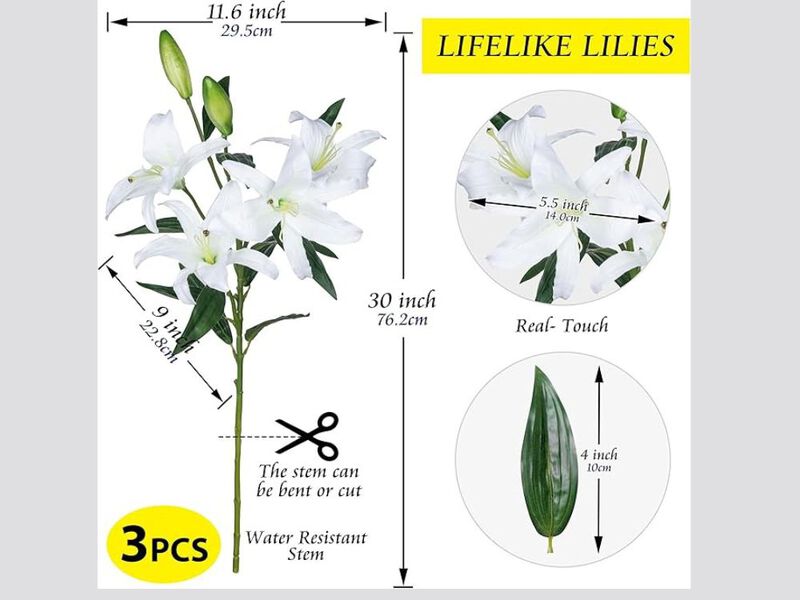3 Piece White Artificial Lily Flower Heads Long Stem Wedding Centerpiece Decor image number 2