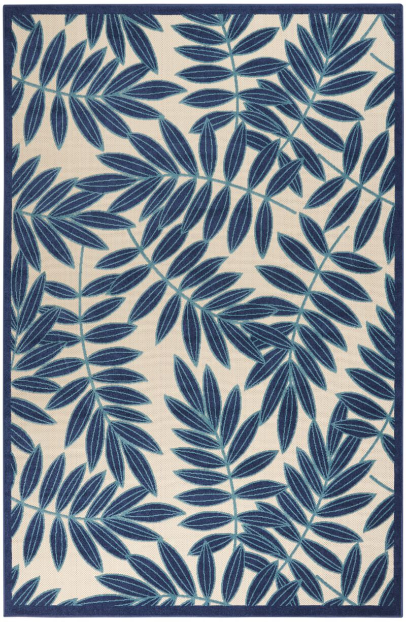 6 X 9 Navy And Beige Leaves Indoor Outdoor Area Rug