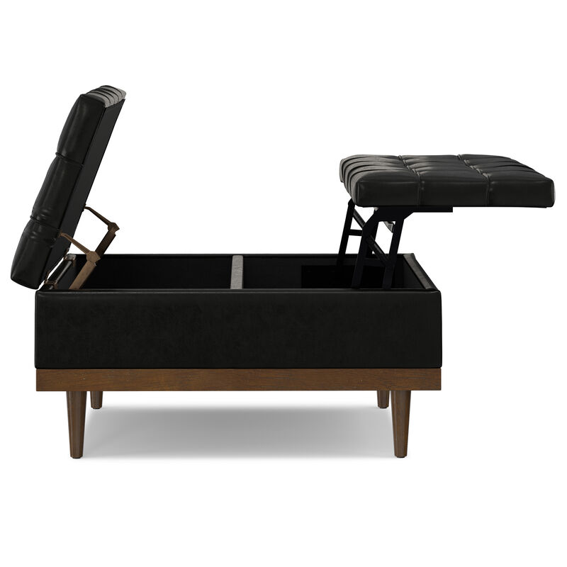 Mariah 36 inch Wide Contemporary Rectangle Lift Top Table Storage Ottoman in Midnight Black PU Black faux leather, Assembled