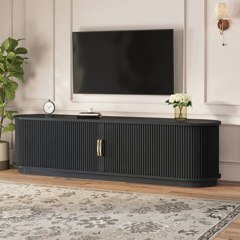 Merax Grain Sliding Door TV Stand with Vertical Slat Panel & Gold Aluminum Handles image number 2