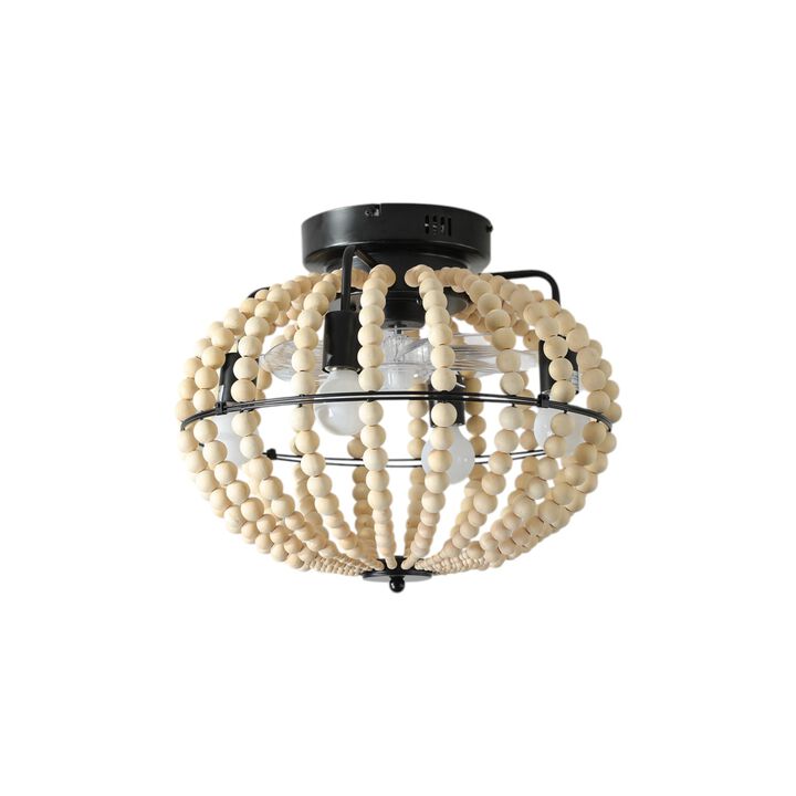 HomeRoots Natural Wood Bead Four Light Semi-Flush Mount Ceiling Fan And Light