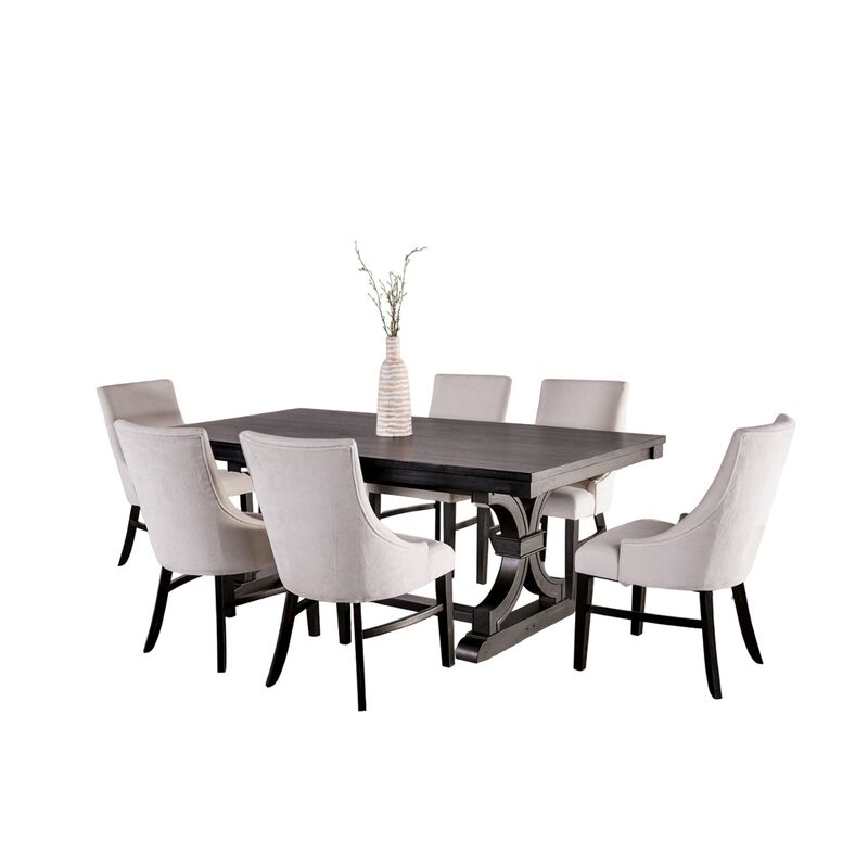 Luke 7pc Dining Table Set with 6 Wingback Chairs, Rectangular, Black, Beige - Benzara