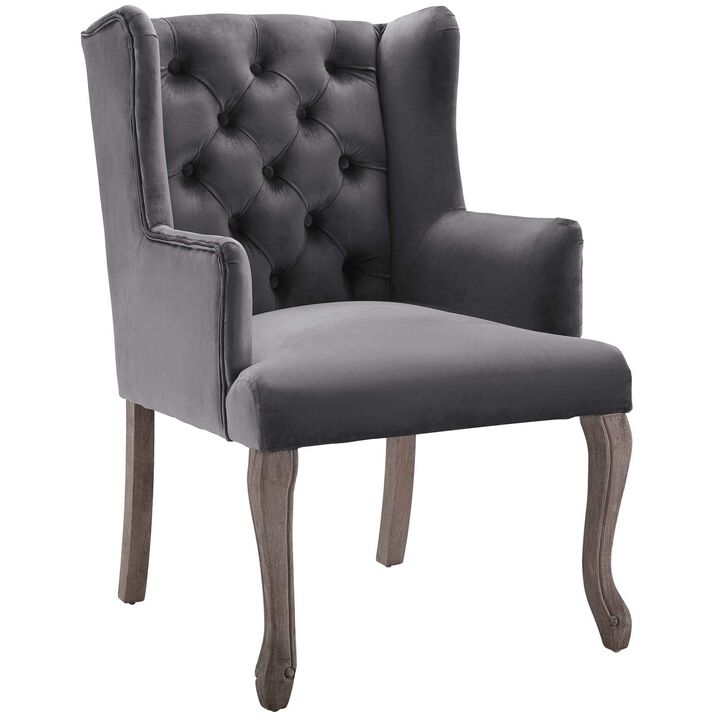 Modway Realm French Vintage Tufted Performance Velvet Kitchen and Dining Room Arm Chair in Gray