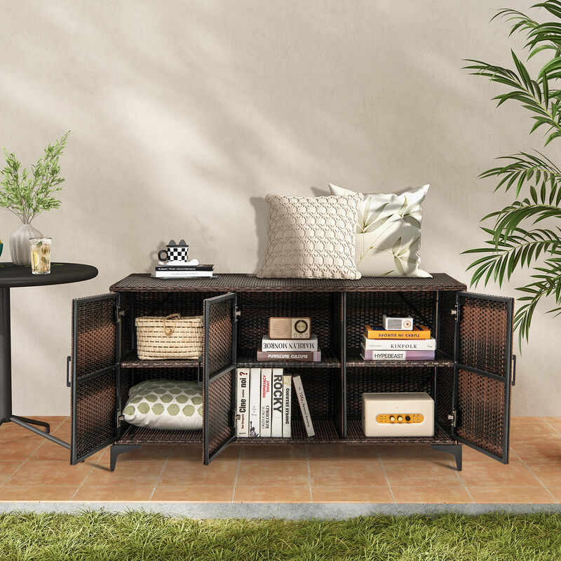 84 Gallon Patio Wicker Deck Box 3-Door PE Rattan Storage Container with Removable Shelves-Brown