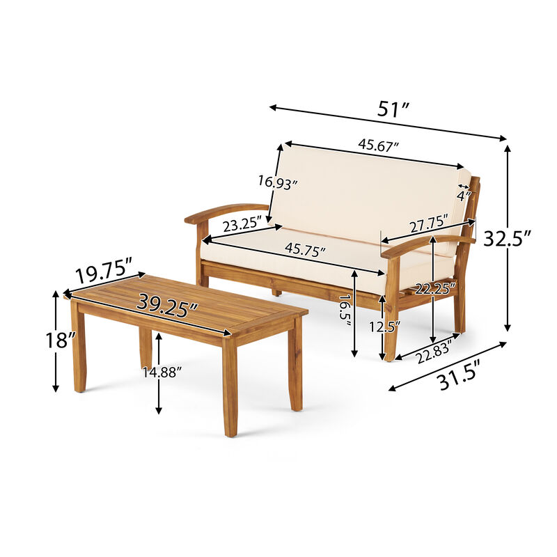 Merax Outdoor Loveseat Set with Side Table - Acacia Wood Patio Furniture, Water-Resistant Cushions, Compact Conversation Set for Deck/Garden