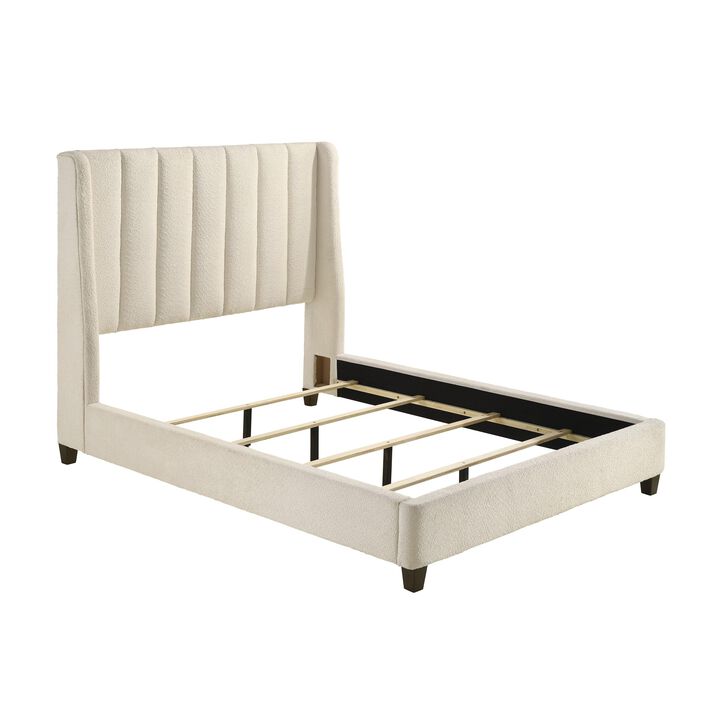 Benjara Aegis Queen Size Bed, Wingback, Channel Tufted, Cream Beige Upholstery