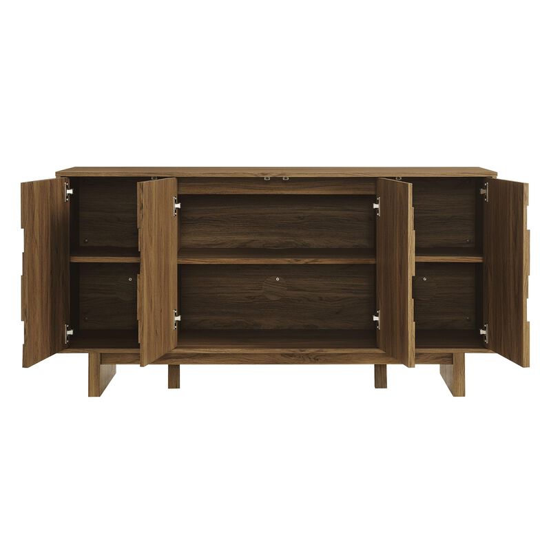Modway Owen 4-Door Modern Carved Geometric Sideboard in Walnut - 59 Inch Buffet Cabinet with Adjustable Shelves &ndash; Living Room or Dining Room Storage Credenza image number 6