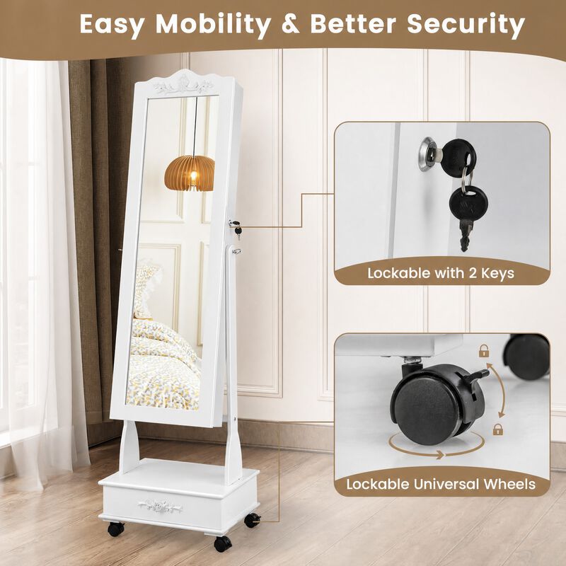 Rolling Lockable Jewelry Cabinet with Full-Length Mirror, LED Lights, Adjustable Angle and Bottom Drawer image number 7