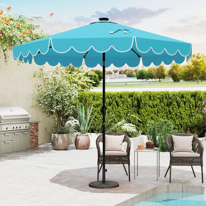 9.3 FT Solar Patio Umbrella with 24 LED Lights Vented Top and Ruffles