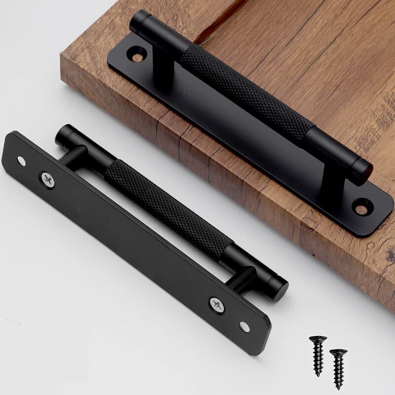 Westablize 2 Pack 5 Inch 128 mm Matte Black Barrel Knurled Cabinet Handles with Base Plate Aluminum Cabinet Pulls for Drawer Sli