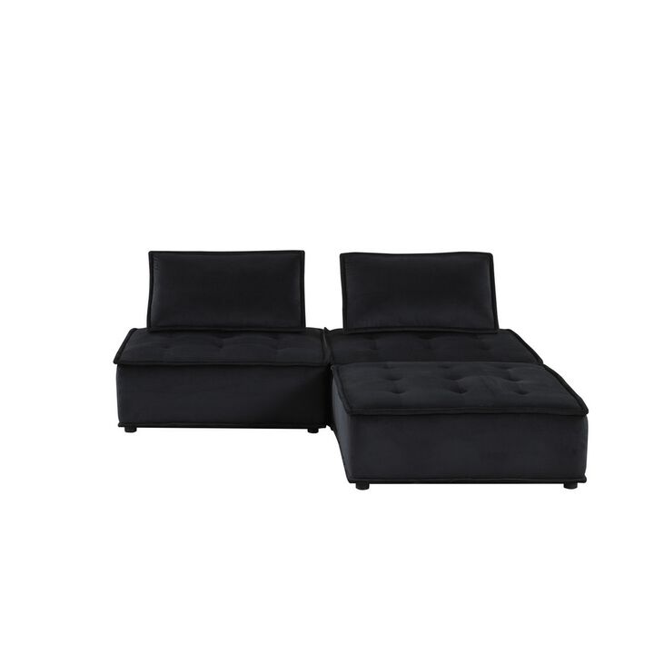 Nob 80 Inch 3 Piece Sectional Sofa and Ottoman, Tufted Black Velvet-Benzara