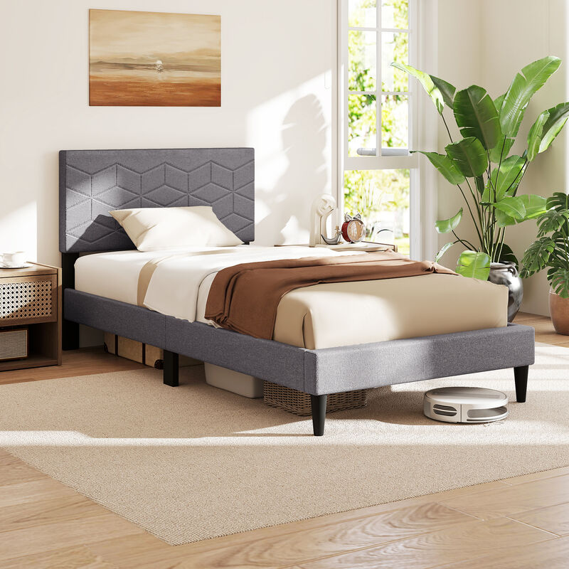 Platform Bed Frame with Linen Upholstered Headboard, Modern Style image number 7