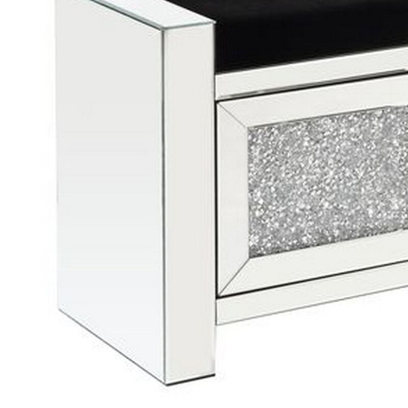 Mirrored Bench with Faux Diamonds and 2 Door Cabinets, Silver-Benzara image number 4