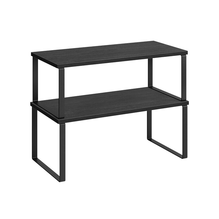 Set of 2 Cabinet Shelf Organizers Stackable, Expandable Metal and Bamboo Kitchen Counter Shelves