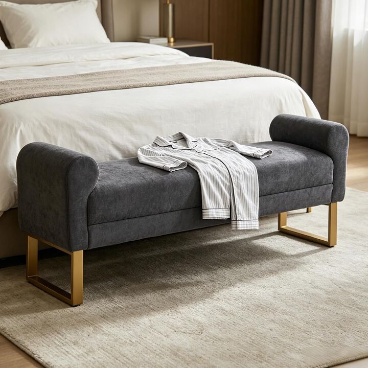 Envelor 65 in. Chenille Upholstered Ottoman Bench with Arms and Gold Legs
