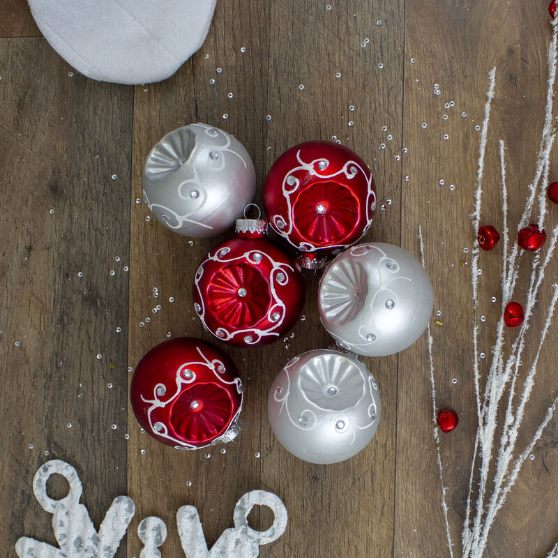 6ct Red and Silver Retro Reflector Matte Glass Christmas Ball Ornament Set 3.25" (82mm) image number 3