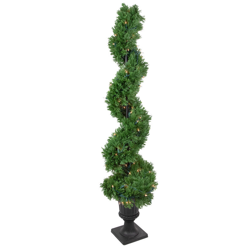 4.5' Pre-Lit Artificial Cedar Spiral Topiary Tree in Urn Style Pot  Clear Lights image number 1