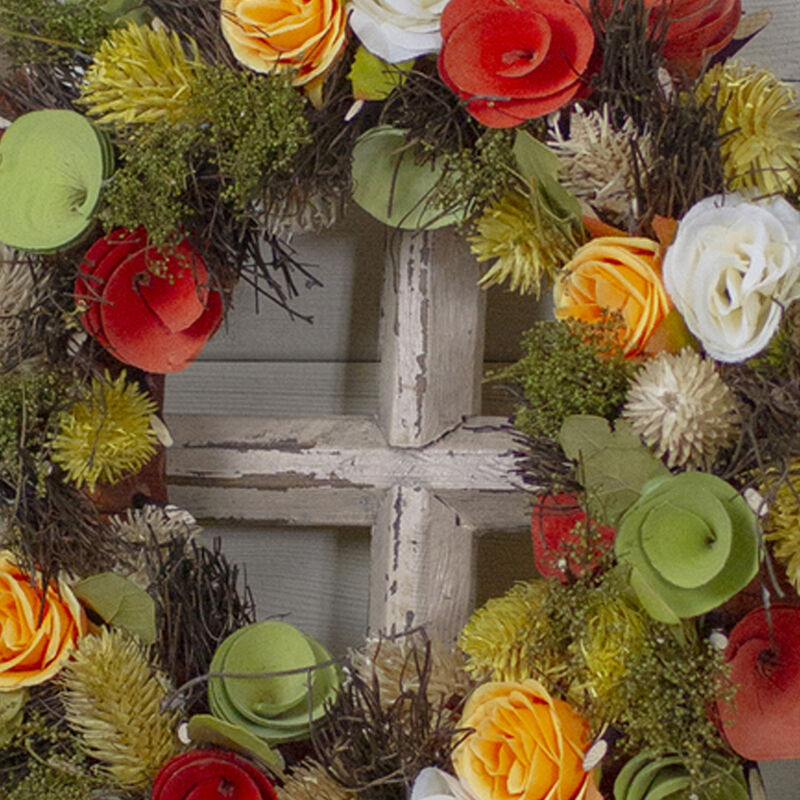 12" Orange and Yellow Flowers with Moss and Twig Artificial Floral Spring Wreath - Unlit