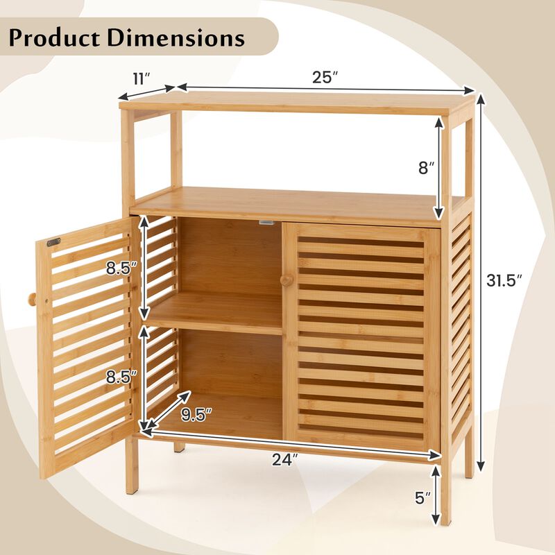 Costway Bamboo Storage Cabinet with Double Louvered Doors Open Shelf & Removable Shelf