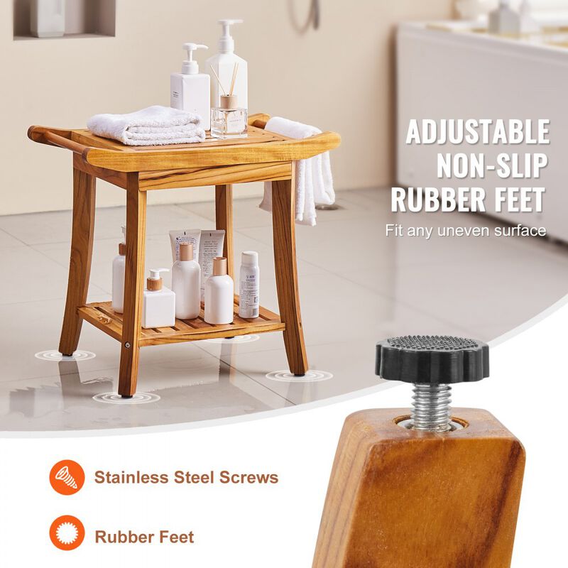 Waterproof Teak Shower Stool with Storage Shelf, Handle and Non Slip Feet-Natural image number 6