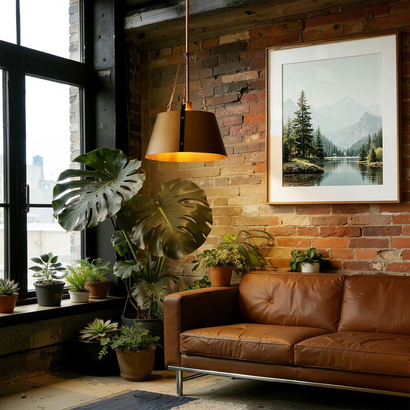 Gold Drum Pendant Light, Industrial Metal Shade, Adjustable Height image number 3