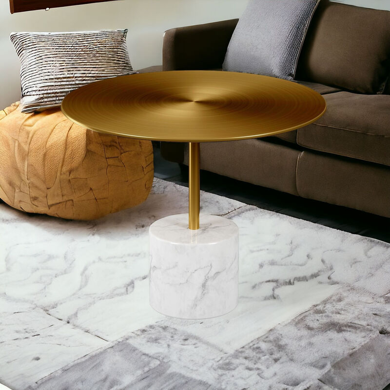 HomeRoots 17" Gold And White Steel And Stone Round Coffee Table