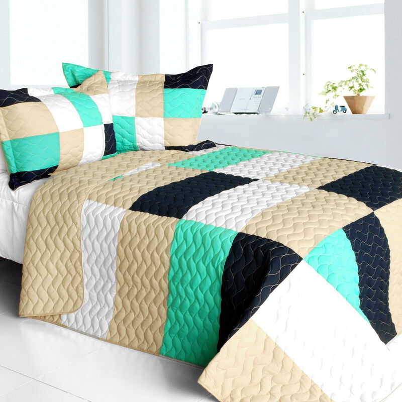 Queen Size Geometric Patchwork Quilt Set So Dance Soft Quilted Bedspread image number 0