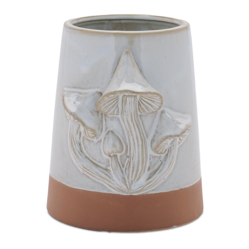 Set of 2 Tapered Porcelain Planters with Mushroom Accents for Indoor Decor