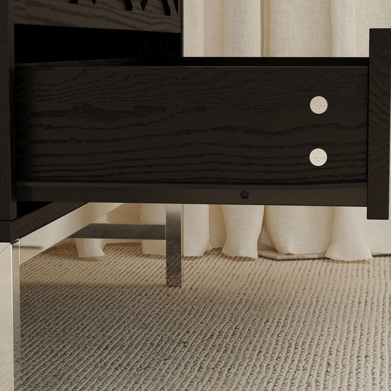 FUFU&GAGA Modern Black Wood Grain Storage Cabinet with Geometric Drawer Design, Silver Metal Handles & Legs, 3-Drawer Organization Unit (31.5" W x 15.4" D x 23.6" H)
