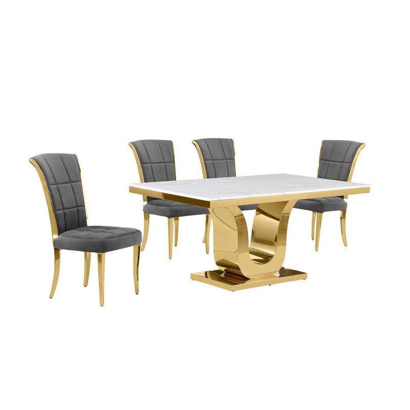 5pc Small(66") marble top dining set with gold base and 4 Dark grey side chairs