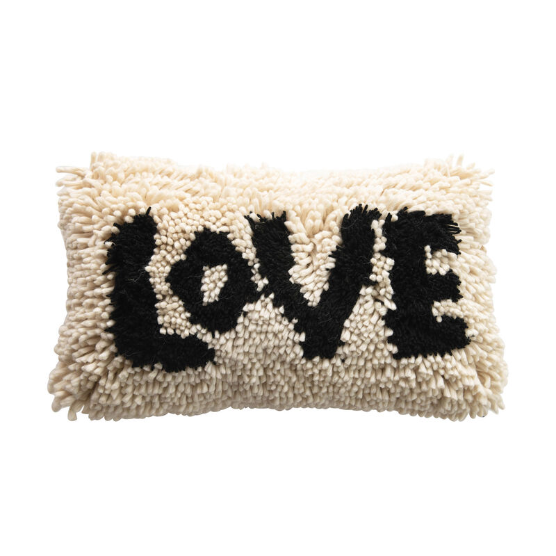Woven Wool Shag Lumbar Pillow with "Love" Design, Black and Cream image number 0