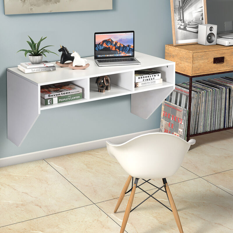 Wall Mounted Floating Computer Table Desk Home Office Storage Shelf White