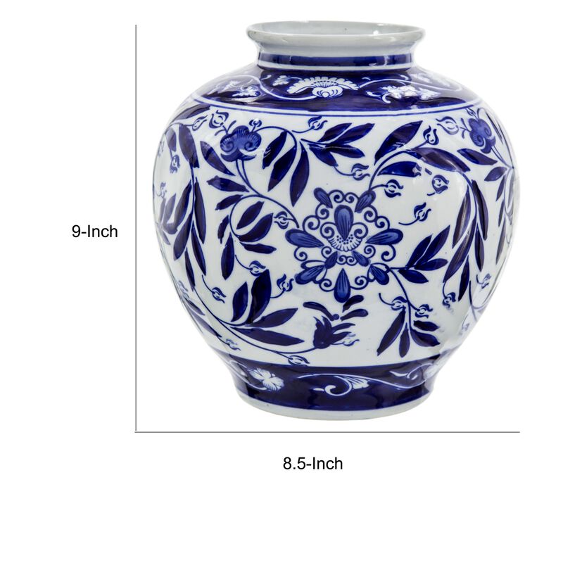 9 Inch Porcelain Vase, Blue Persian Print, Curved Shape, Flared Opening-Benzara