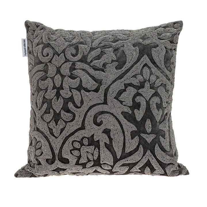 HomeRoots 18" Gray and Silver Damask Velvet Throw Pillow With Beads