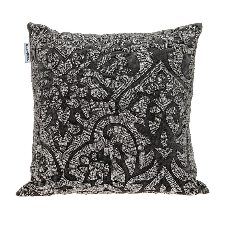 HomeRoots 18" Gray and Silver Damask Velvet Throw Pillow With Beads image number 0