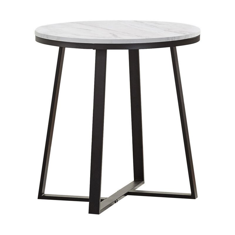 24 Inch End Table, White Faux Marble Round Top, Artisanal Metal Framework-Benzara image number 1