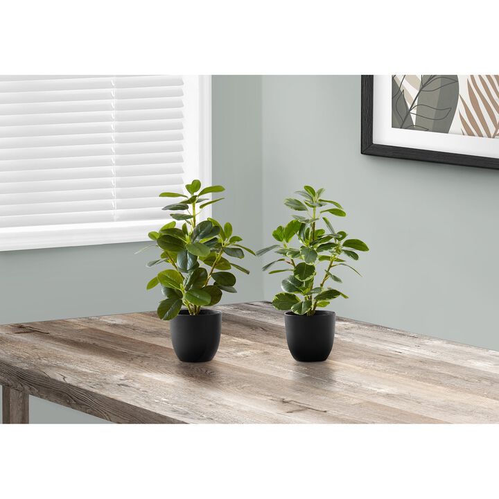 Monarch Specialties I 9585 - Artificial Plant, 14" Tall, Ficus, Indoor, Faux, Fake, Table, Greenery, Potted, Set Of 2, Decorative, Green Leaves, Black Pots