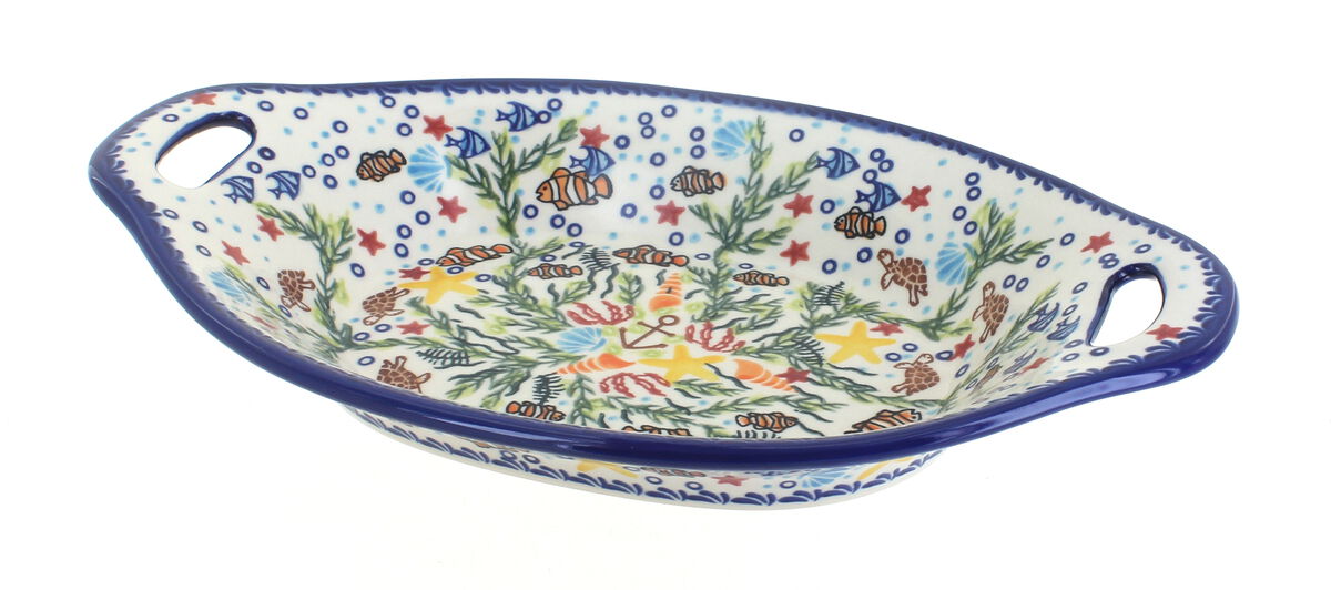 Blue Rose Polish Pottery Winter Celebration Bread Tray with Handles