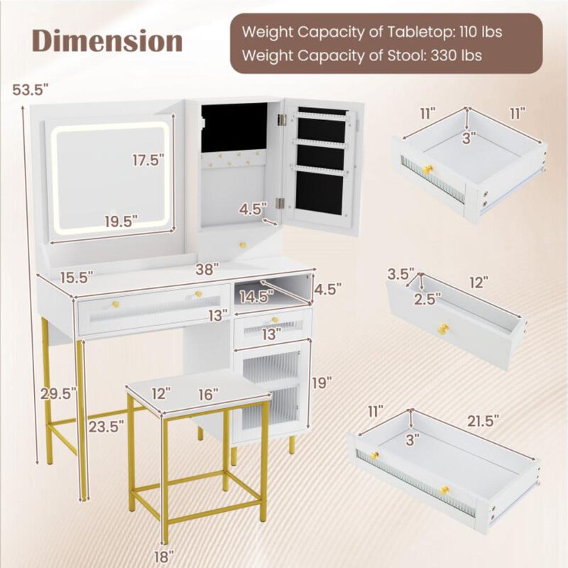 Hivvago Modern Makeup Vanity Desk with Mirror and Lights and Stool Set