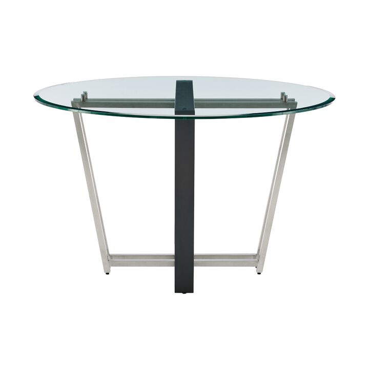 Sanaya Dining Table, 48 Inch Glass Top, Silver Steel, Black Iron